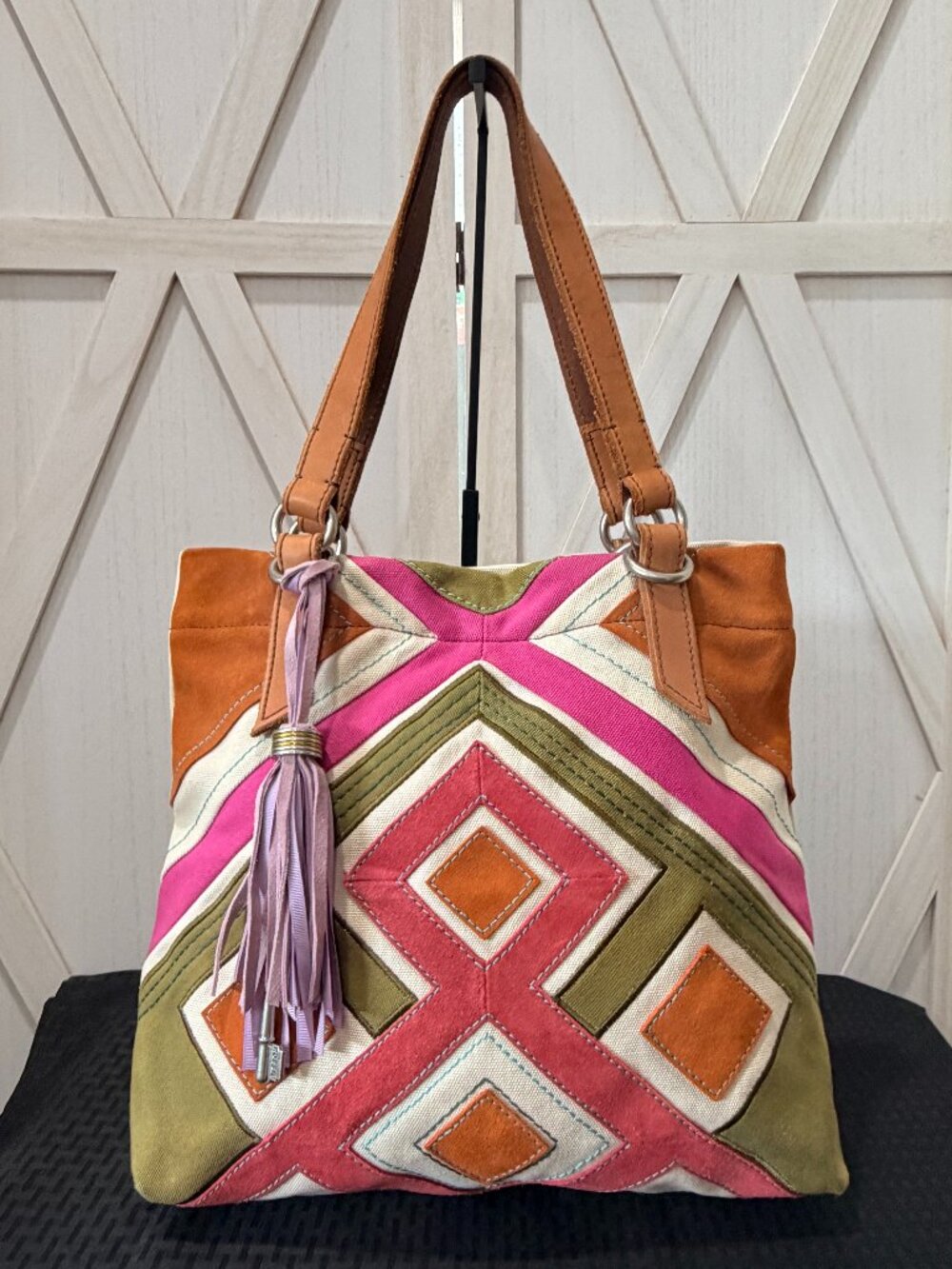 Fossil Canvas Suede Applique Tote Bag Multicolor Tassel Key Charm